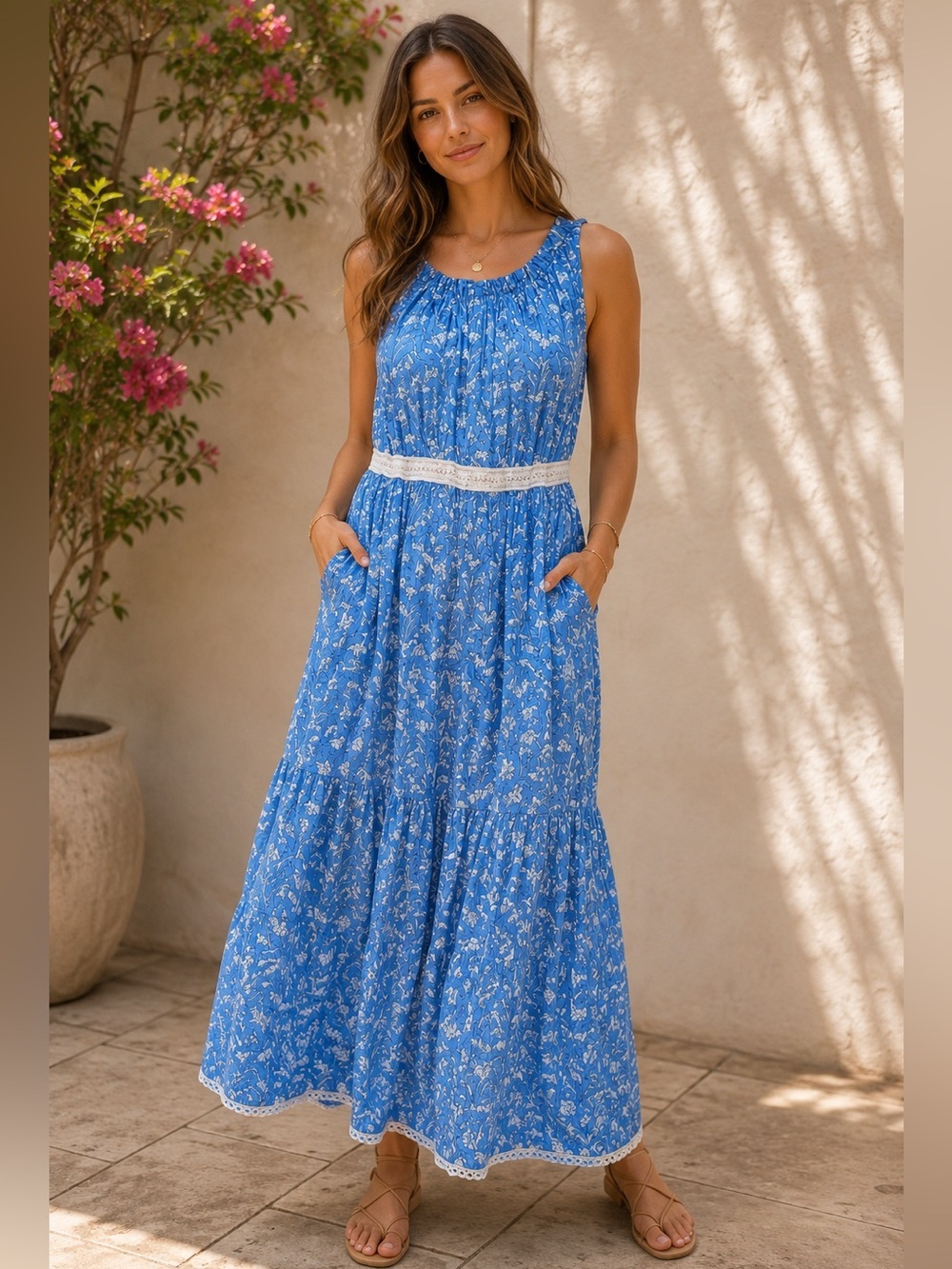 Naudic Floral Embroidered Blue Mabel Maxi Dress Medium NWT